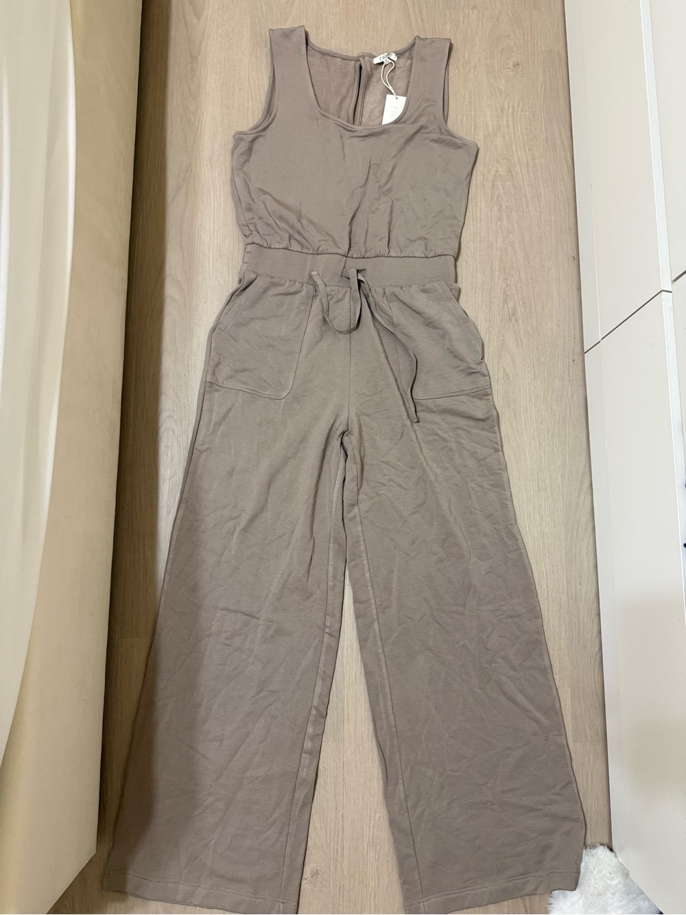 Z Supply Layover Jumpsuit Fleece Taupe Gray Modal Wide Leg Travel Athleisure - Picture 4 of 8